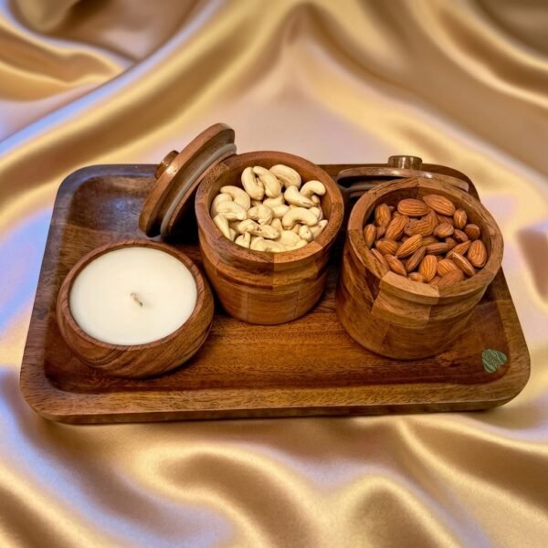 Royal Wooden Nut & Candle Tray – Festive Elegance Set