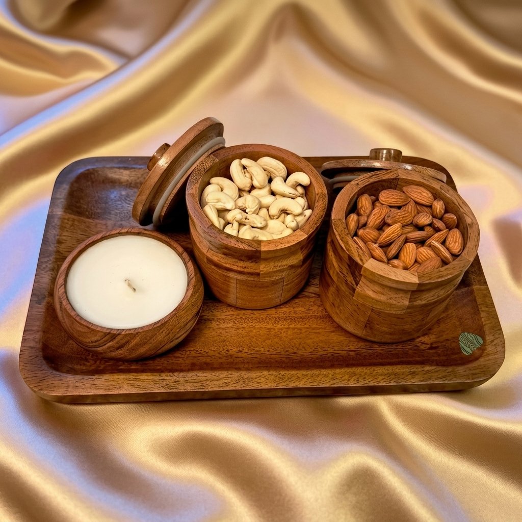 Royal Wooden Nut & Candle Tray – Festive Elegance Set