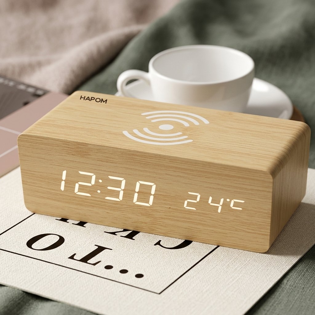 Royal Wooden Glow Clock – Time, Temp & Wireless Charge