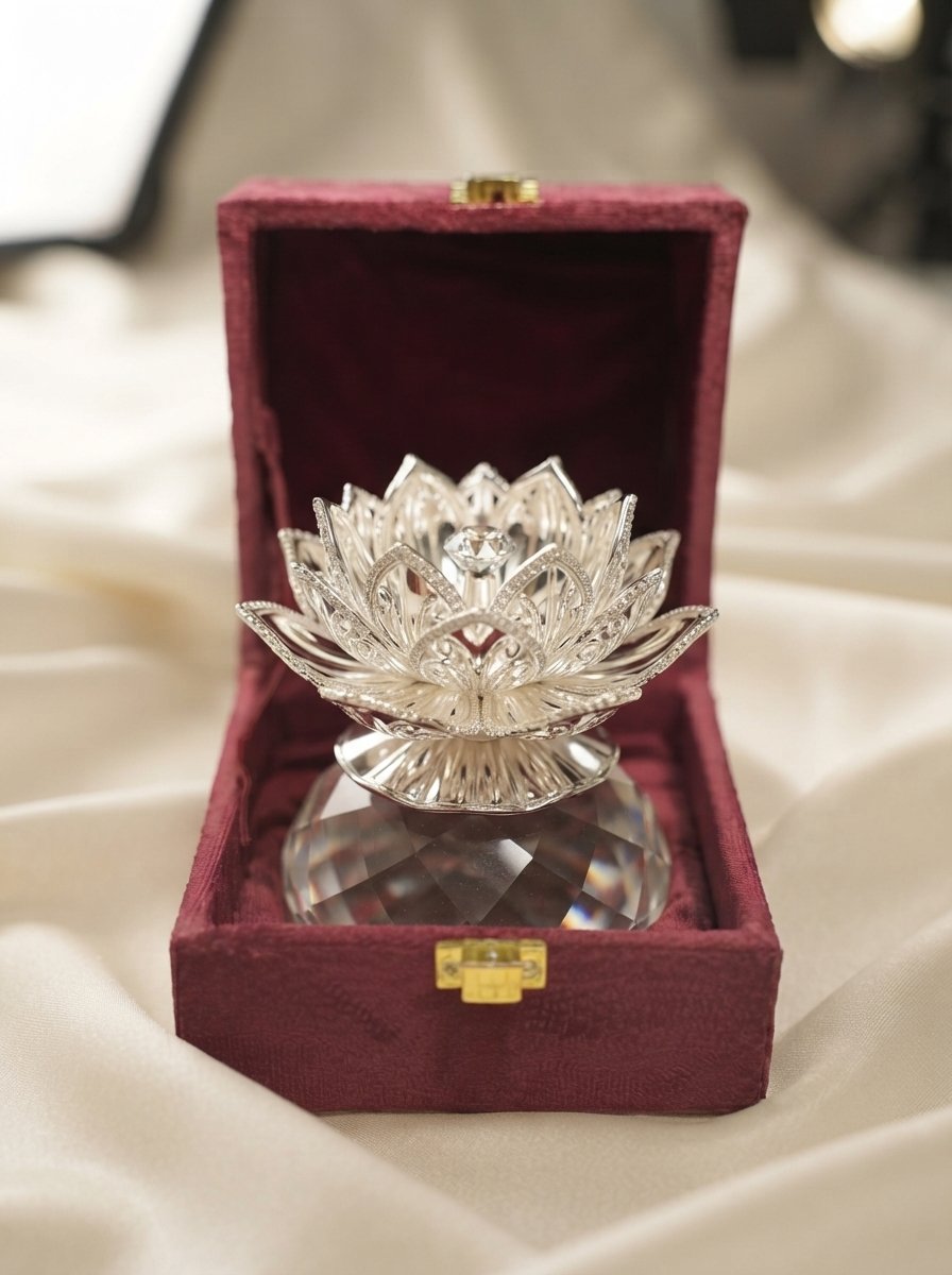 Royal Silver Lotus – Divine Crystal Bloom Showpiece