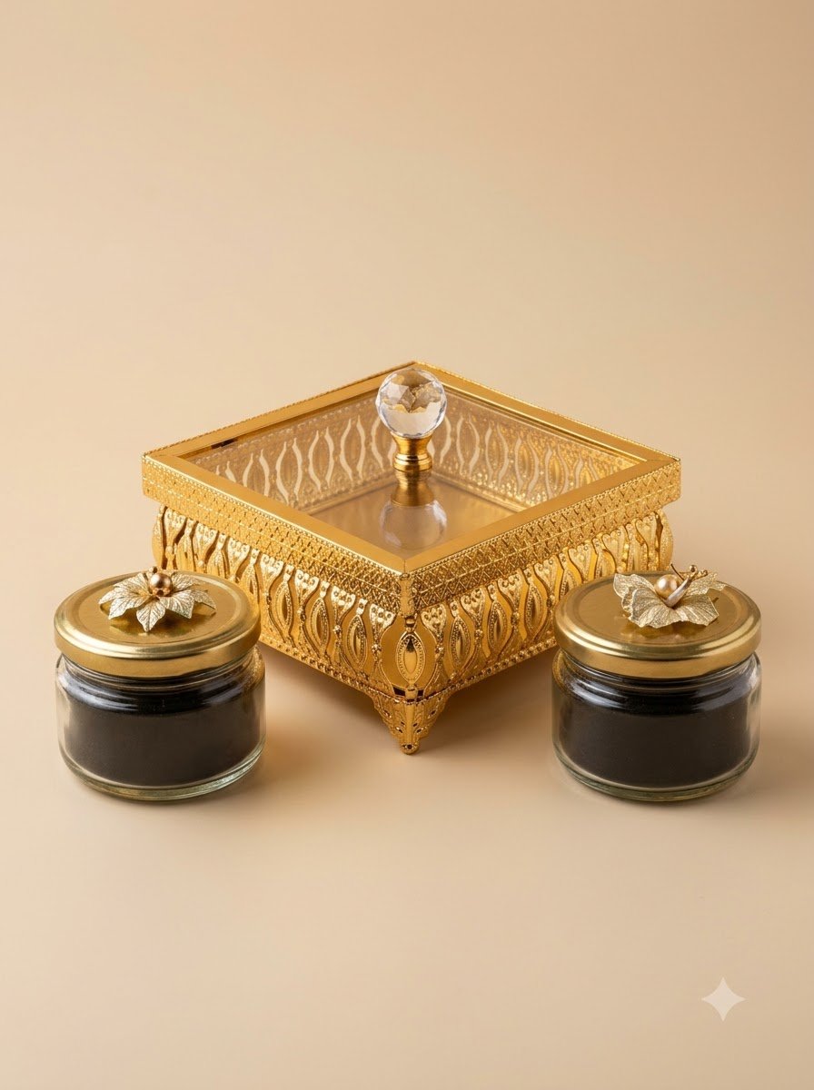 Golden Filigree Jar & Tray Collection – Assorted Knob-Lid Glass Jars in Ornate Trays