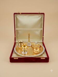 Golden Aarti Thali Set – Bell, Kalash & Bowls in Maroon Presentation Box
