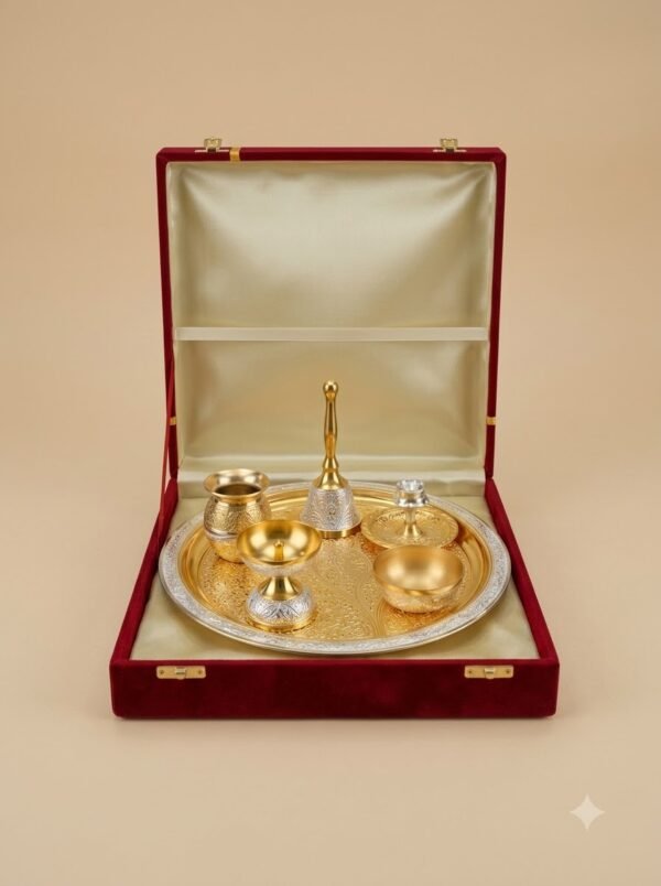 Golden Aarti Thali Set – Bell, Kalash & Bowls in Maroon Presentation Box