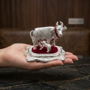 Palm Blessing Kamdhenu – Silver Cow & Calf Idol