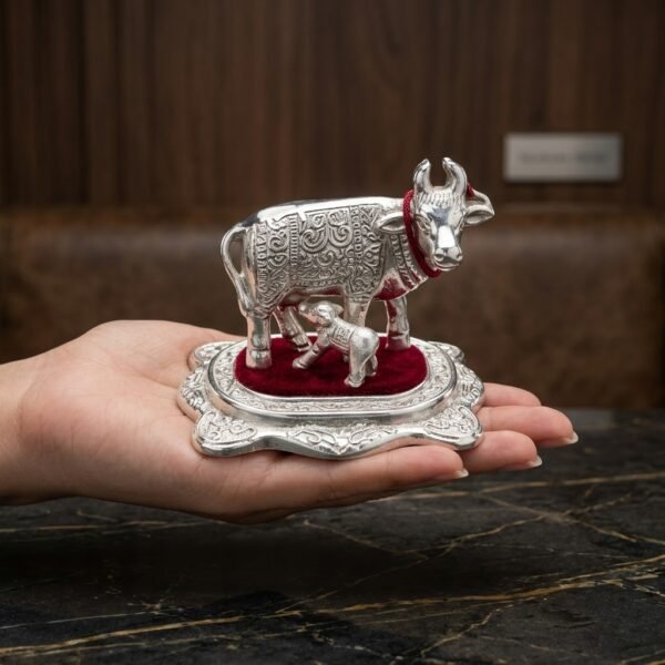 Palm Blessing Kamdhenu – Silver Cow & Calf Idol