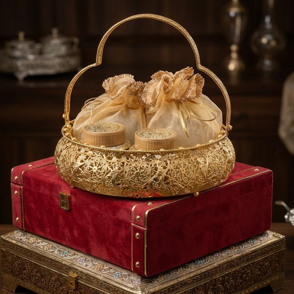 Regal Potli Basket – Golden Filigree Handbag with Favors