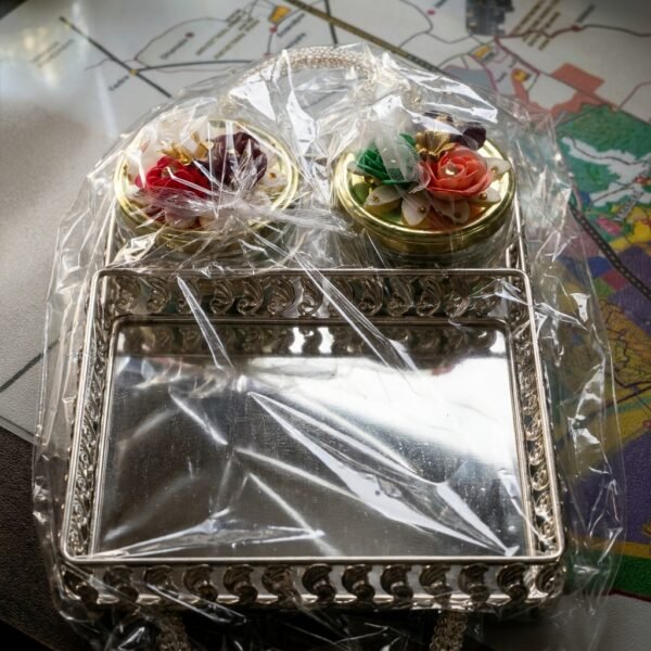 Bloom Duo Tray Set – Silver Filigree Tray with Floral Jars
