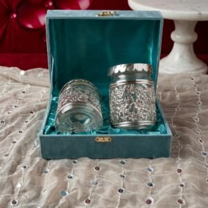 Floral Filigree Jar Duo – Silver-Etched Glass Set in Velvet Box