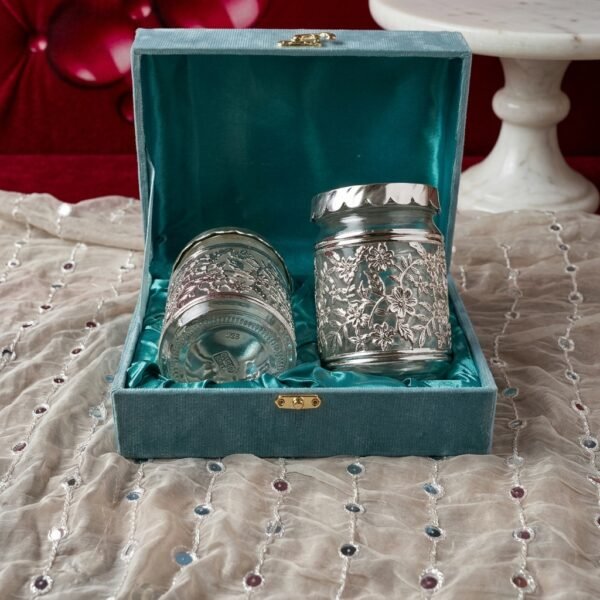 Floral Filigree Jar Duo – Silver-Etched Glass Set in Velvet Box