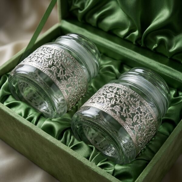 Emerald Bloom Jars – Silver Etched Glass Duo Set
