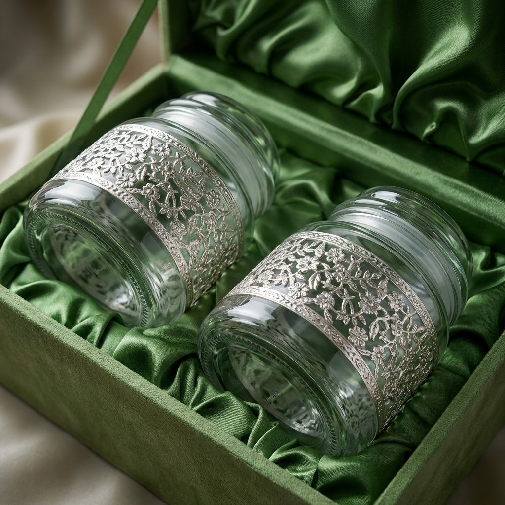 Emerald Bloom Jars – Silver Etched Glass Duo Set