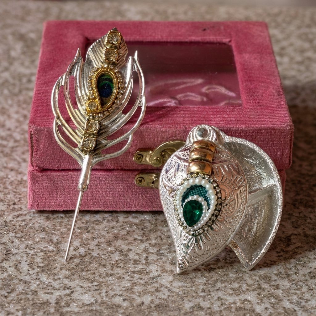Emerald Leaf Trinket Box – Jeweled Silver Keepsake with Feather Pin