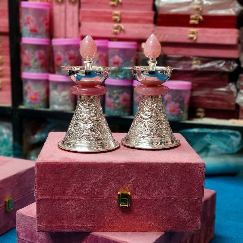 Twin Flame Diyas – Silver Filigree Lamp Set with Jeweled Top