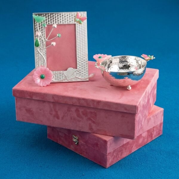 Blossom Bowl Ensemble – Velvet Boxes with Silver Bowl & Frame