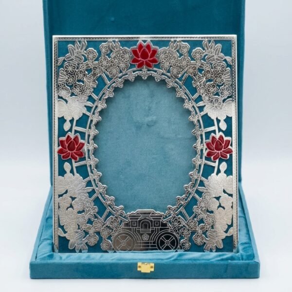 Lotus Grove Frame – Silver Filigree Photo Frame in Teal Velvet Box
