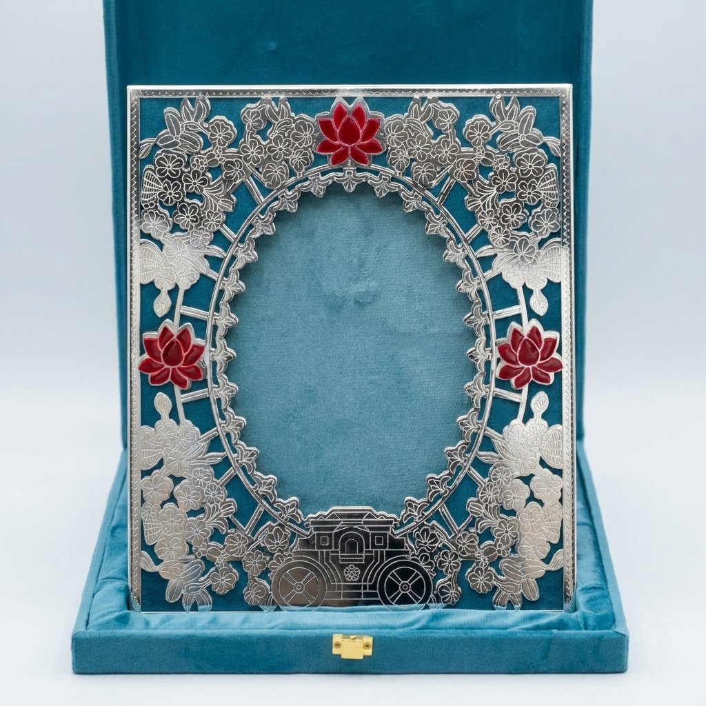 Lotus Grove Frame – Silver Filigree Photo Frame in Teal Velvet Box