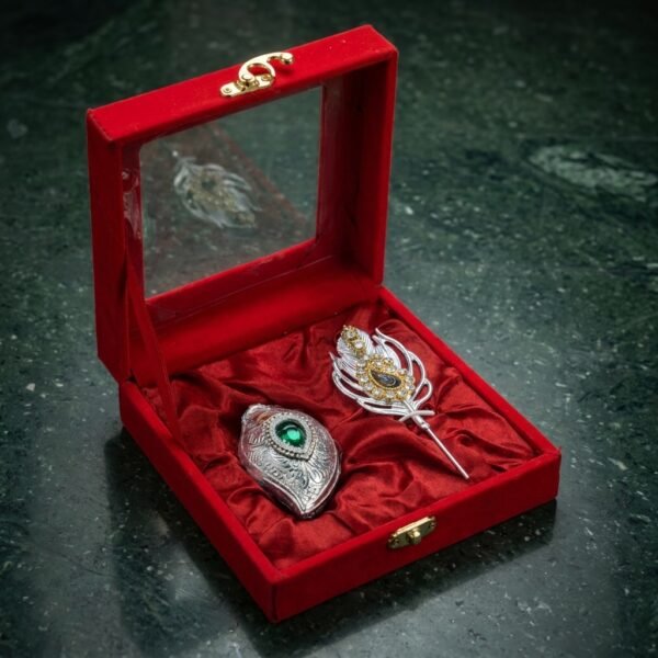 Emerald Leaf Duo – Jeweled Trinket Box & Feather Pin in Mirror Box