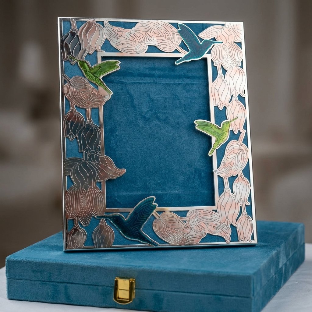 Blossom Flight Frame – Ornate Silver Photo Stand with Bird Accents