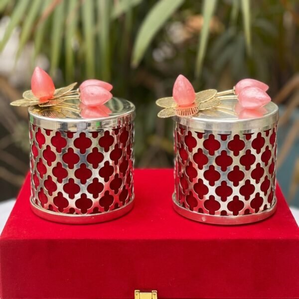 Crimson Quatrefoil Jars – Silver Filigree Duo with Floral Accents