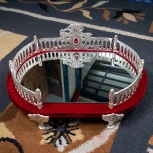 Palace Rail Tray – Silver Filigree Mirror Platter on Red Velvet