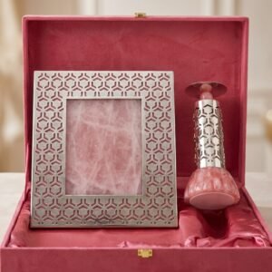 Rose Quartz Lattice Set – Silver Frame & Bottle Duo