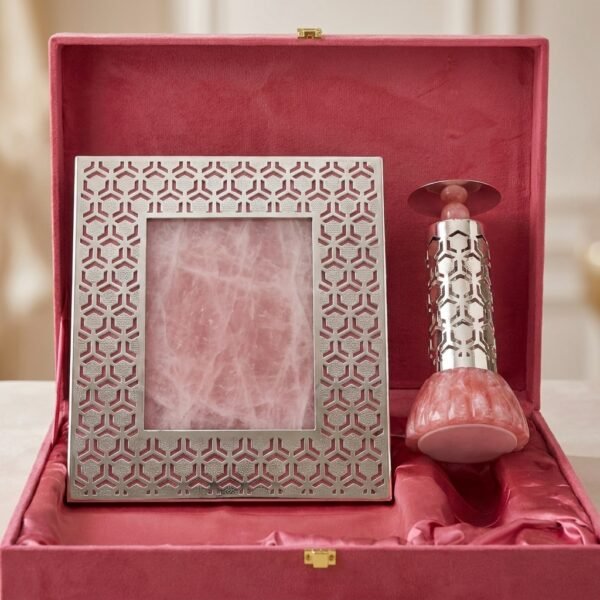 Rose Quartz Lattice Set – Silver Frame & Bottle Duo