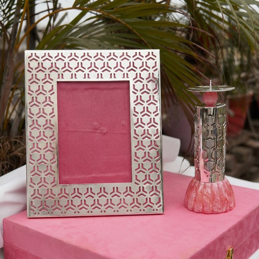 Rose Lattice Duo – Silver Frame & Bottle Set