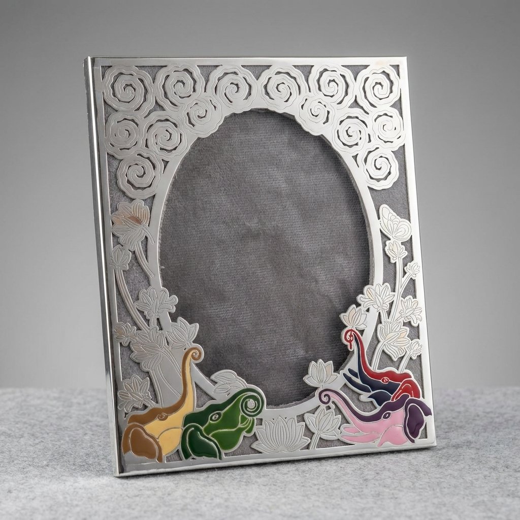 Royal Parade Frame – Silver Filigree Photo Frame with Elephants