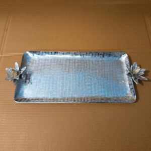 Lotus Handle Serving Tray – Textured Silver Platter