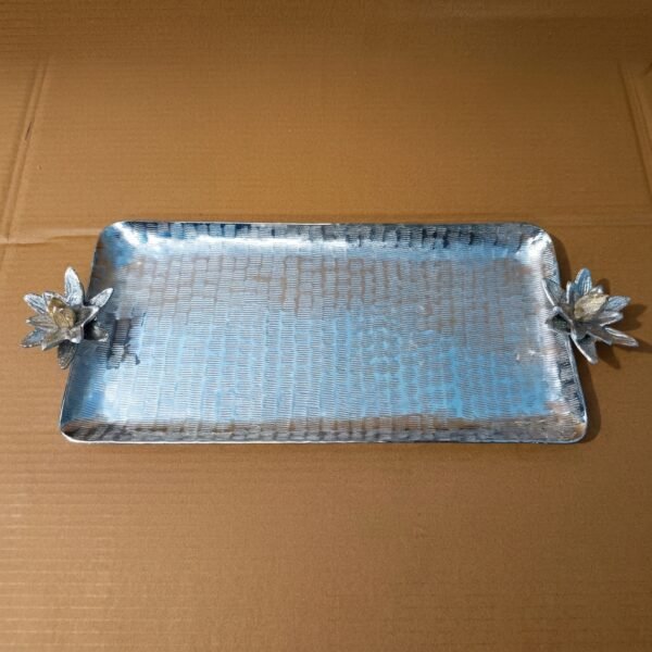 Lotus Handle Serving Tray – Textured Silver Platter