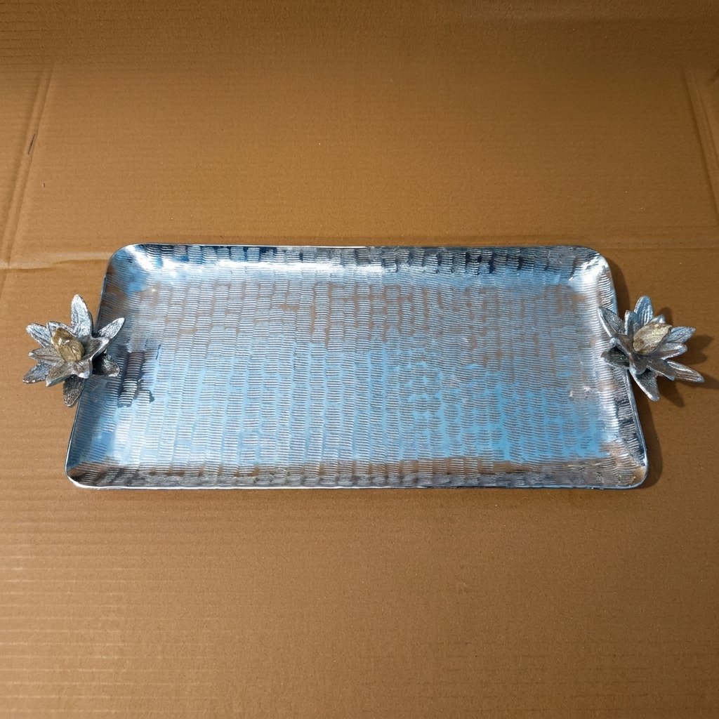Lotus Handle Serving Tray – Textured Silver Platter