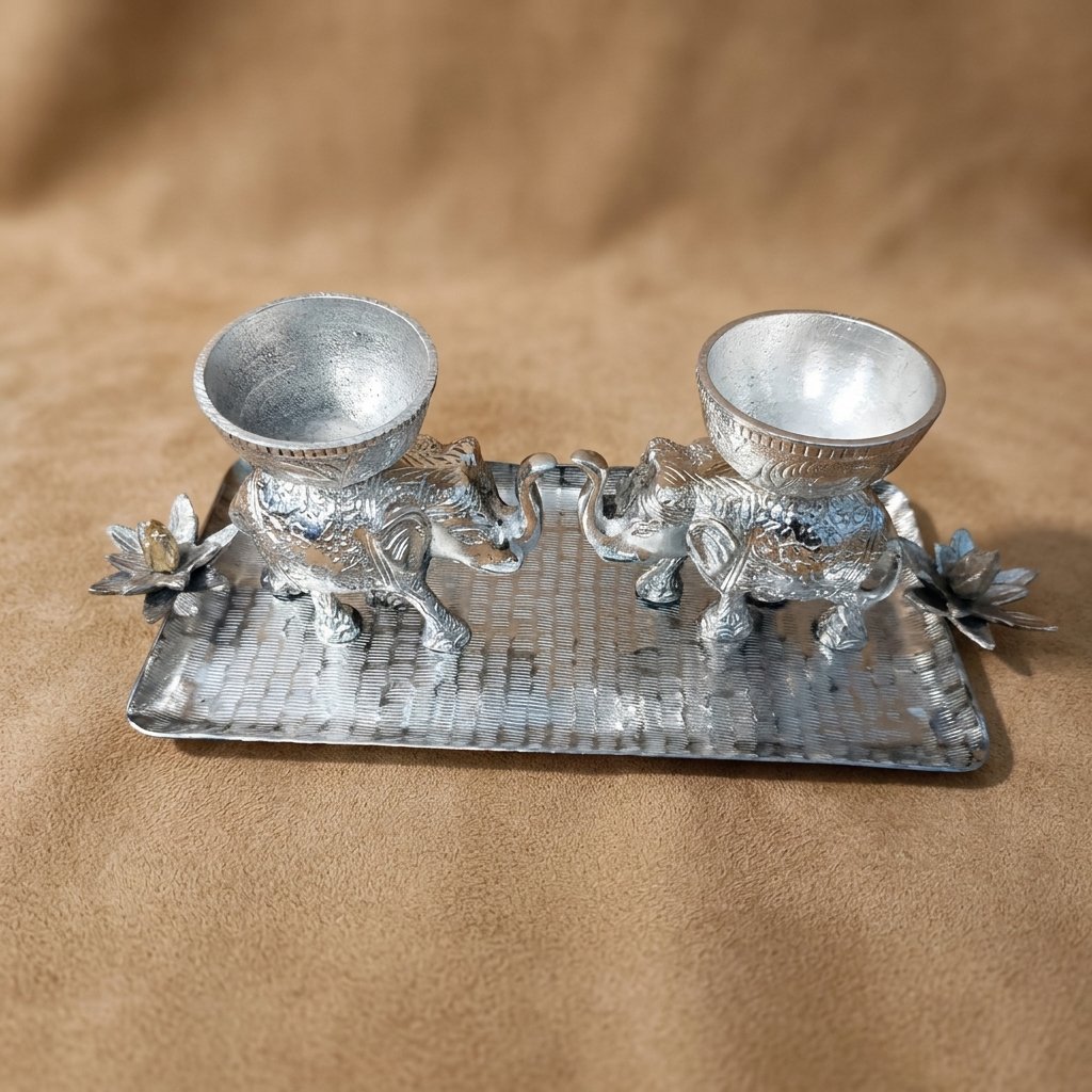 Twin Elephant Tray – Silver Bowl Set with Textured Base