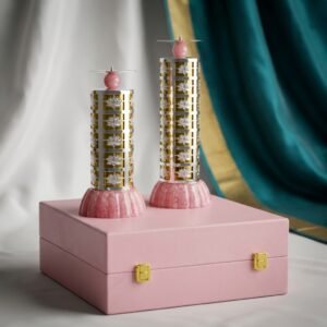 Twin Lotus Candle Set – Silver Filigree Holders with Pink Base