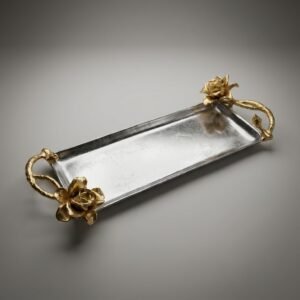 Golden Rose Serving Tray – Silver Platter with Floral Handles