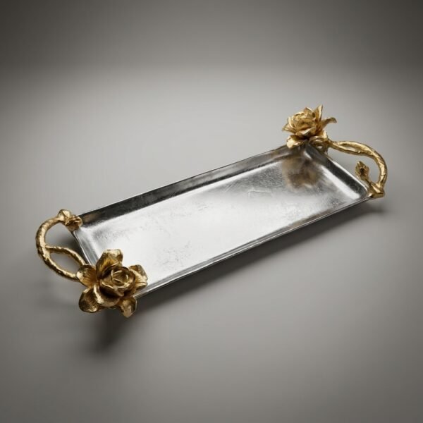 Golden Rose Serving Tray – Silver Platter with Floral Handles