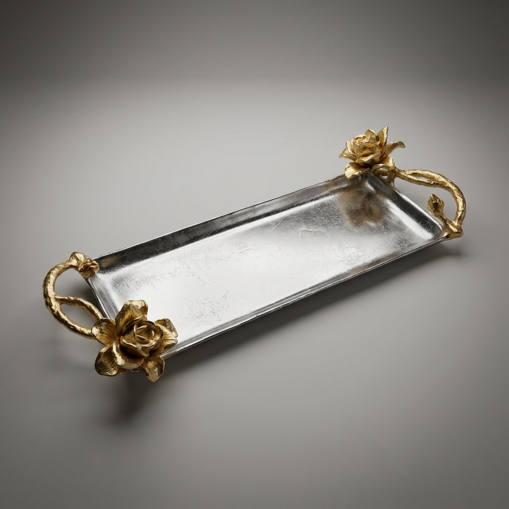 Golden Rose Serving Tray – Silver Platter with Floral Handles