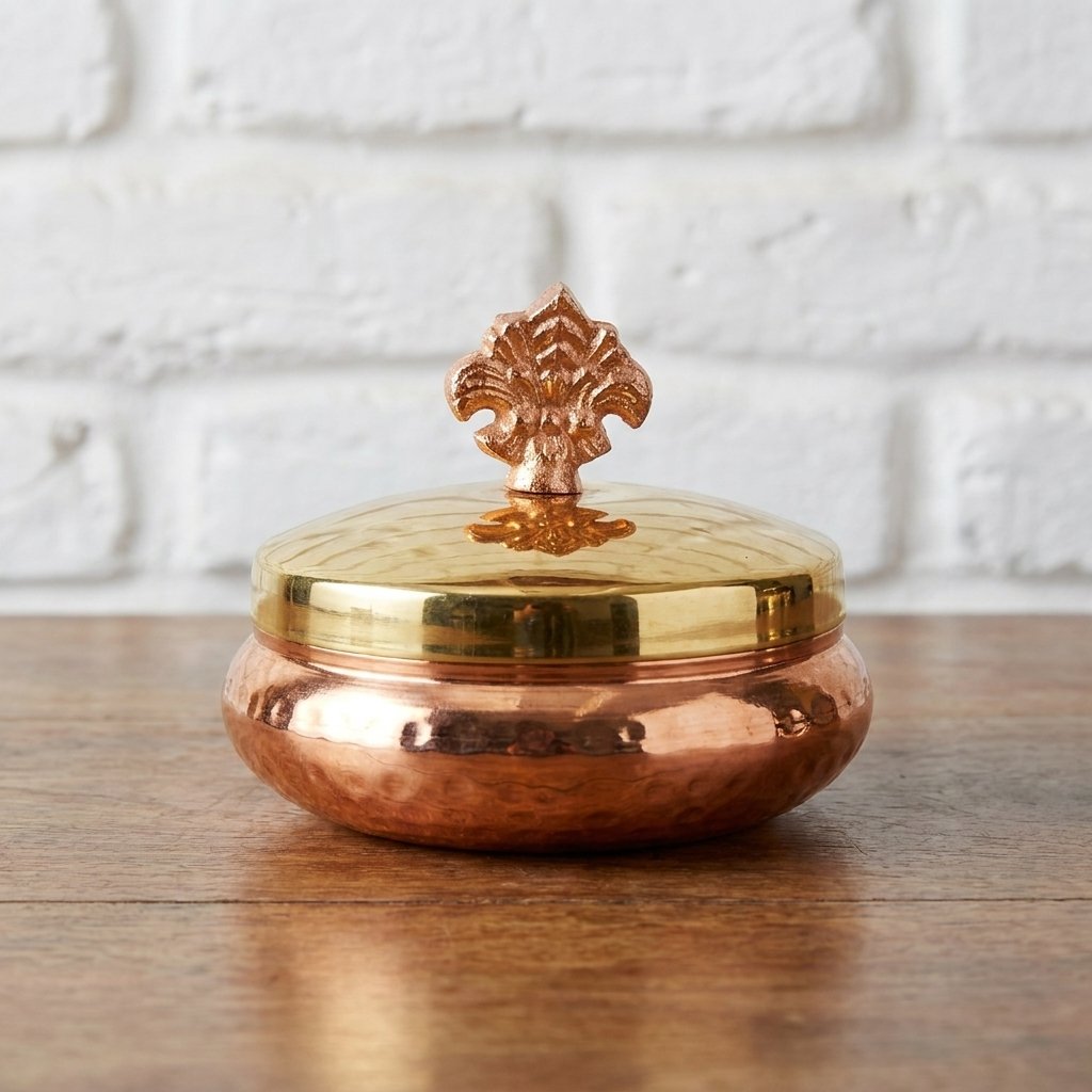 Copper Crown Box – Hammered Metal Bowl with Golden Lid