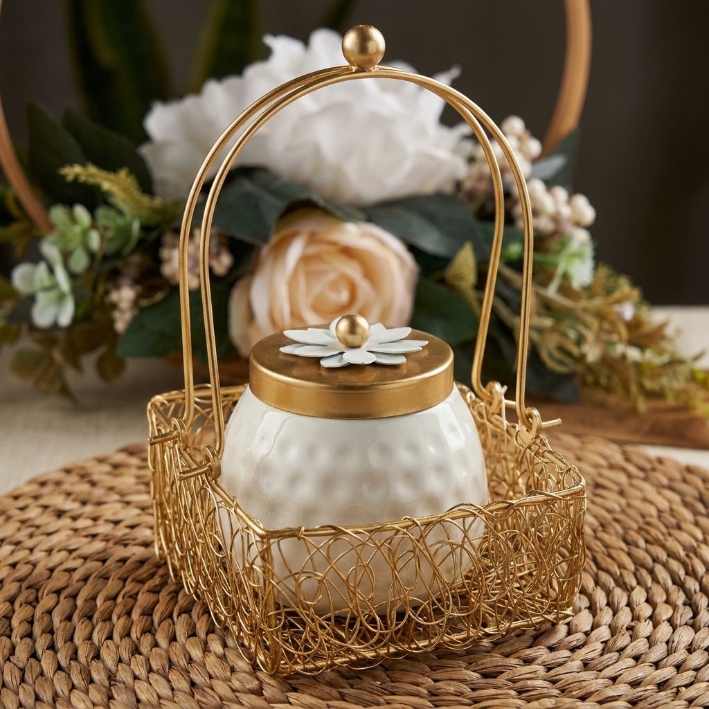 Golden Nest Jar – Ceramic Container in Wire Basket
