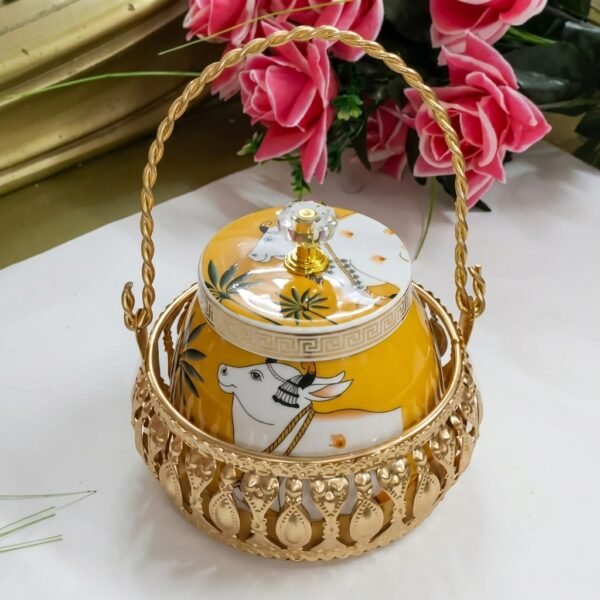 Golden Gau Basket – Hand-Painted Jar with Cow Motif