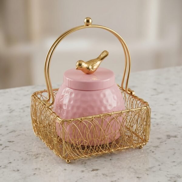 Golden Songbird Jar – Pink Ceramic Container in Wire Basket