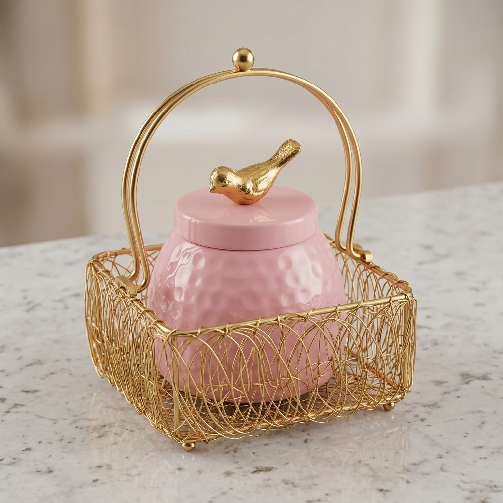 Golden Songbird Jar – Pink Ceramic Container in Wire Basket