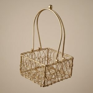 Golden Vine Basket – Wire Filigree Square Basket with Arched Handle