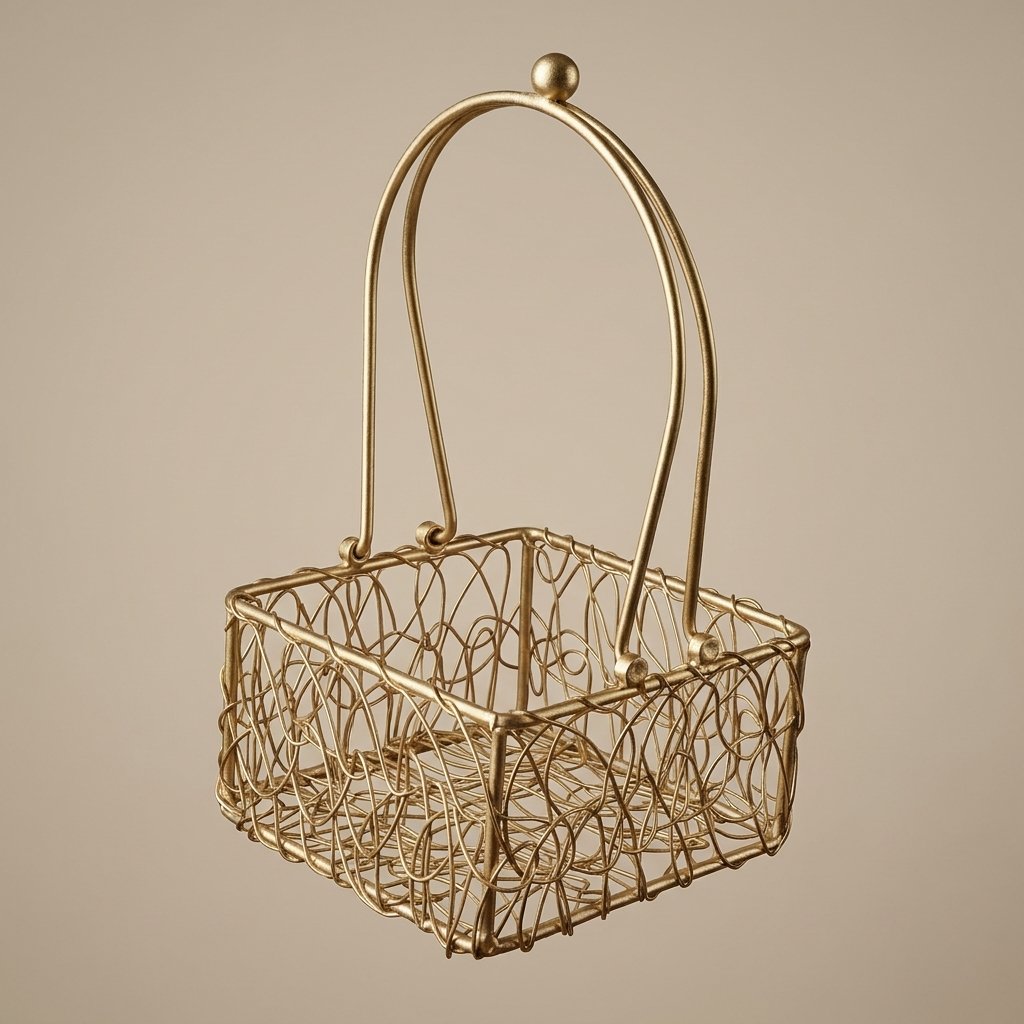 Golden Vine Basket – Wire Filigree Square Basket with Arched Handle