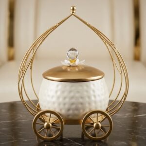 Cinderella Carriage Jar – Crystal Bloom Ceramic Canister on Golden Wheels
