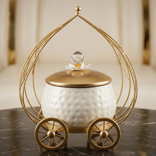 Cinderella Carriage Jar – Crystal Bloom Ceramic Canister on Golden Wheels