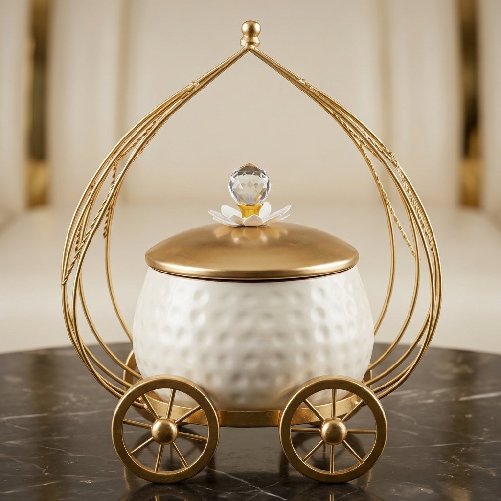 Cinderella Carriage Jar – Crystal Bloom Ceramic Canister on Golden Wheels