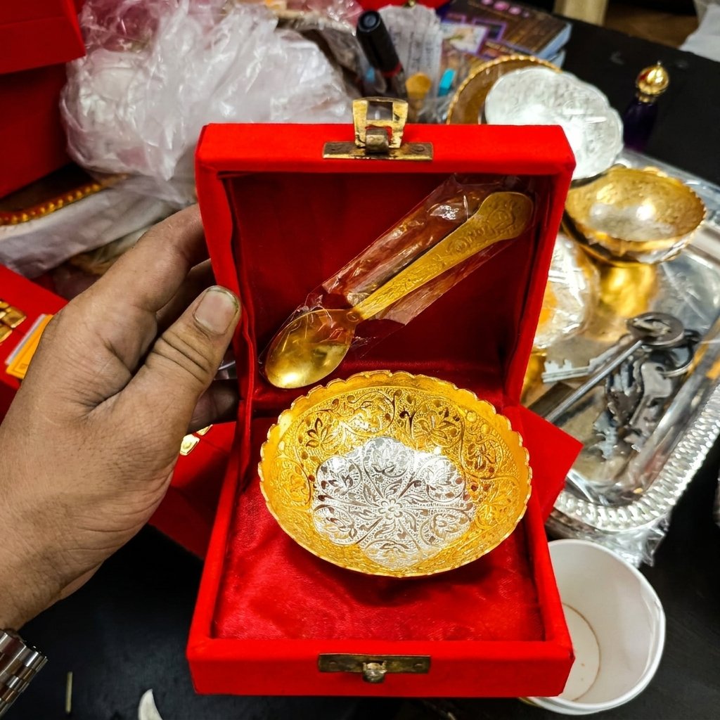 Royal Gold Bowl & Spoon Duo – Engraved Brass Set in Red Velvet Box