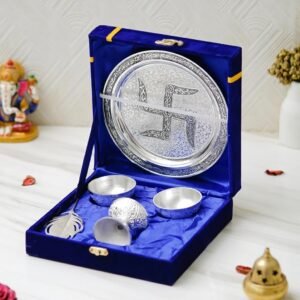 Swastik Silver Pooja Thali Set – Engraved Plate, Bowls & Conch in Royal Blue Box