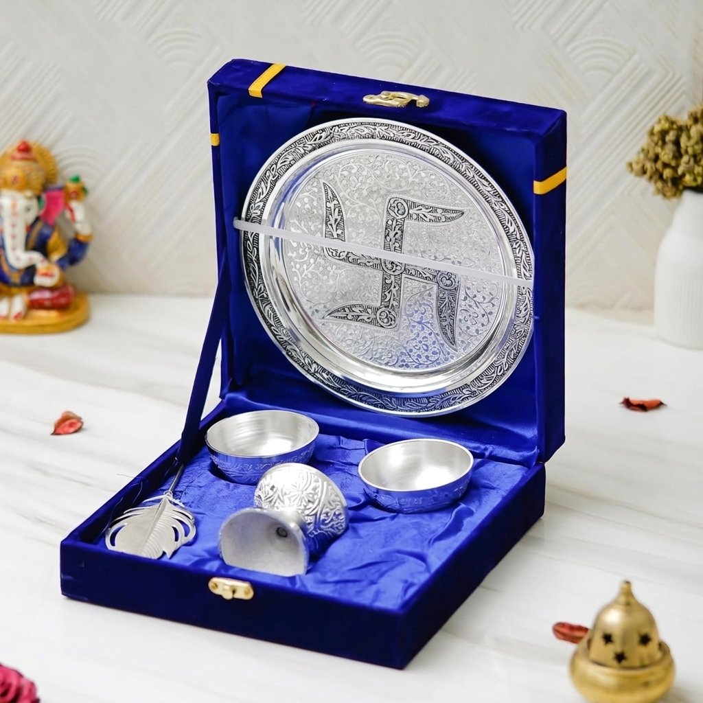 Swastik Silver Pooja Thali Set – Engraved Plate, Bowls & Conch in Royal Blue Box