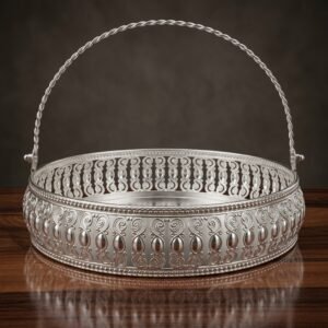 Silver Filigree Fruit Basket – Twisted Rope Handle Round Tray
